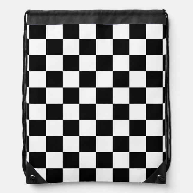 Black and White Checkerboard Checkered Flag Drawstring Bag (Front)