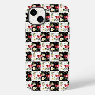 black and white checkerboard chic pink flowers Case-Mate iPhone 14 plus case