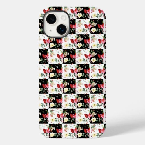 black and white checkerboard chic pink flowers Case_Mate iPhone 14 plus case