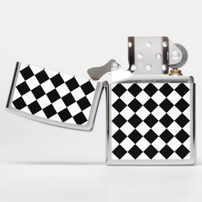 Black And White Checkerboard Diagonal Design Zippo Lighter (Opened)