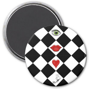 black and white checkerboard folk art lips magnet