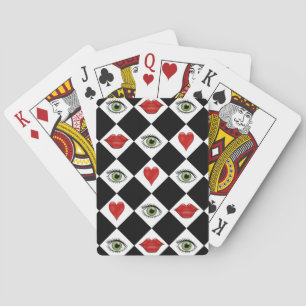black and white checkerboard folk art lips poker cards