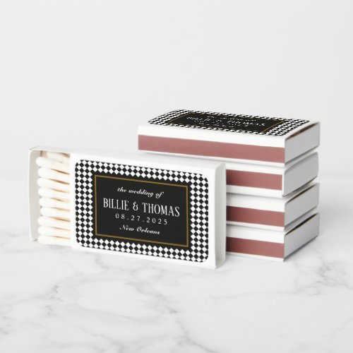 Black and White Checkerboard Jazz Club Wedding Matchboxes