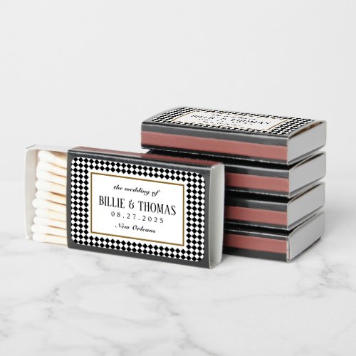 Black and White Checkerboard Jazz Club Wedding Matchboxes