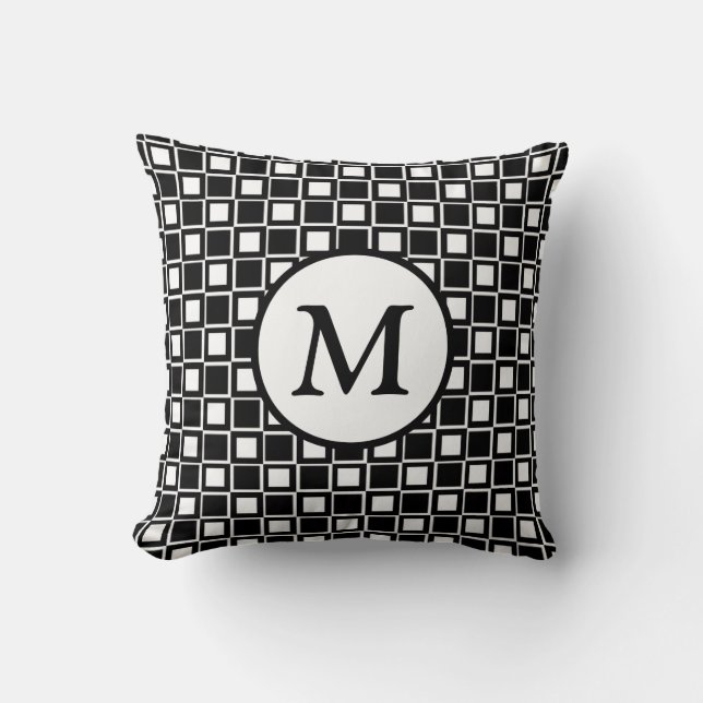 Black and White Checkerboard Monogram Throw Pillow (Front)