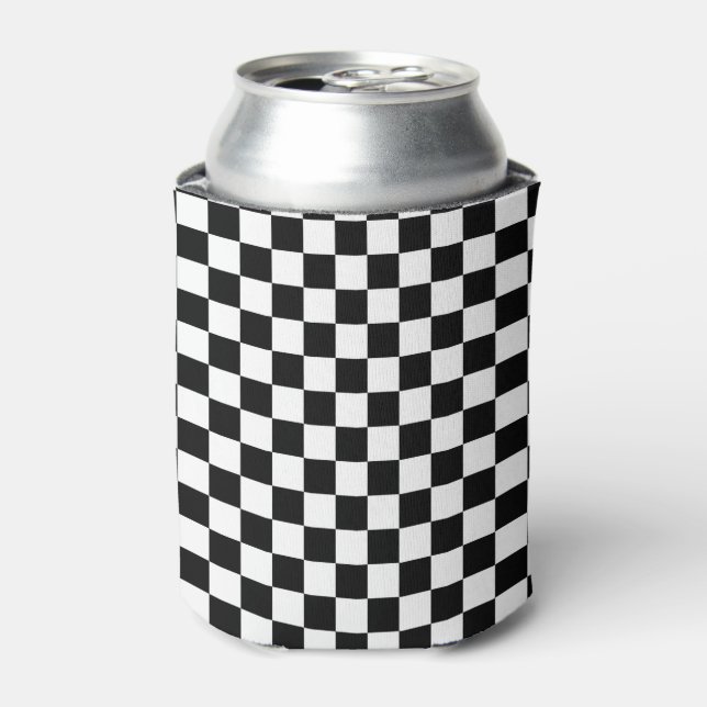 Black and White Checkerboard Pattern Can Cooler (Can Front)