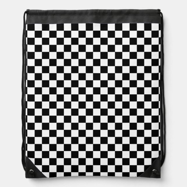 Black and White Checkerboard pattern Drawstring Bag (Front)