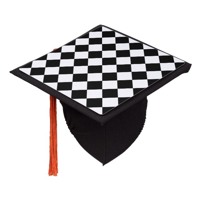 Black and White Checkerboard Pattern Graduation Cap Topper (Angled)