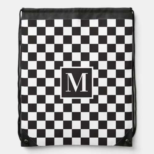 Black And White Checkerboard Pattern Monogram Drawstring Bag