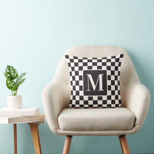 Black And White Checkerboard Pattern Monogram Throw Pillow