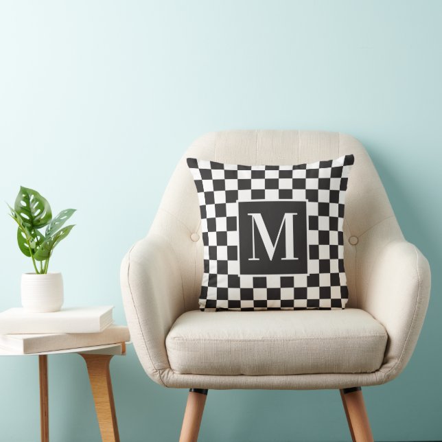 Black And White Checkerboard Pattern Monogram Throw Pillow (Chair)
