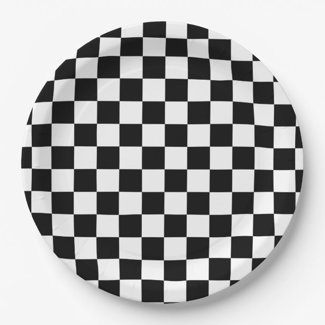 Black and White Checkerboard Pattern Paper Plates (Front)