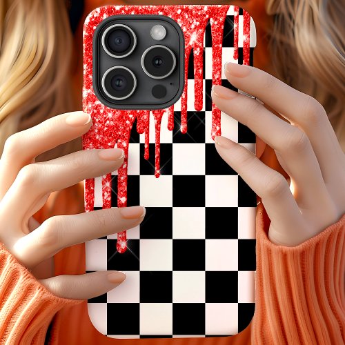 Black And White Checkerboard Red Glitter Drips iPhone 11 Case