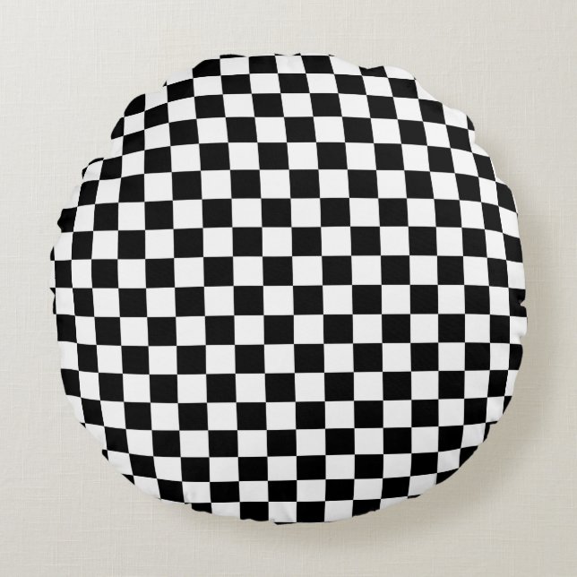 Black and White Checkerboard Round Pillow (Front)