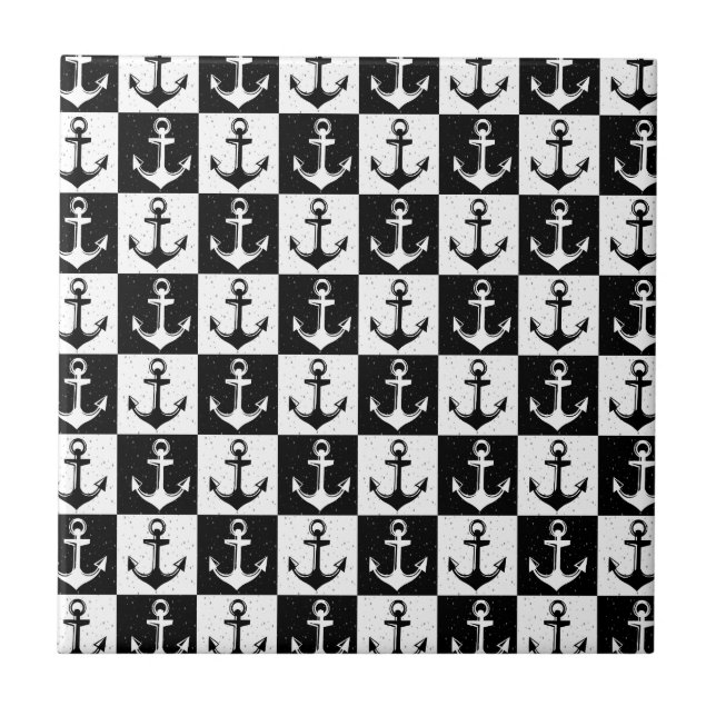 Black and White Checkered Anchor Ceramic Tile (Front)