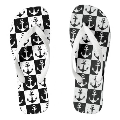 Black and White Checkered Anchor Flip Flops