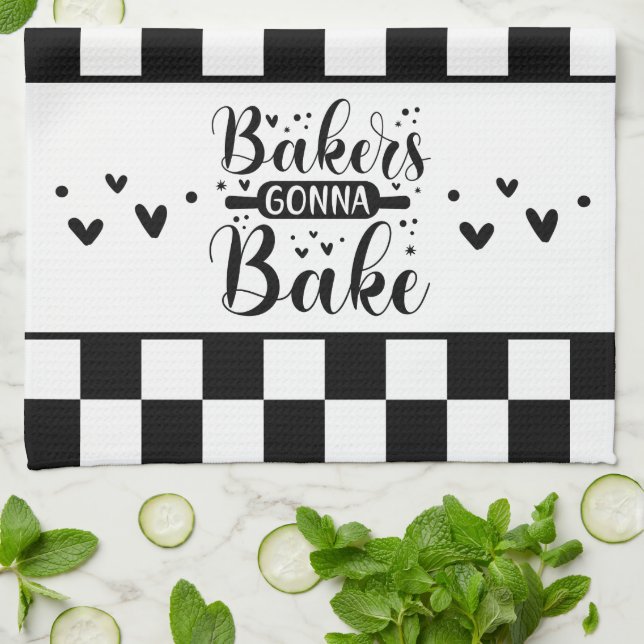 Black and White Checkered Baker's Gonna Bake Kitchen Towel (Folded)