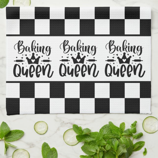 Black and White Checkered Baking Queen Kitchen Towel (Folded)