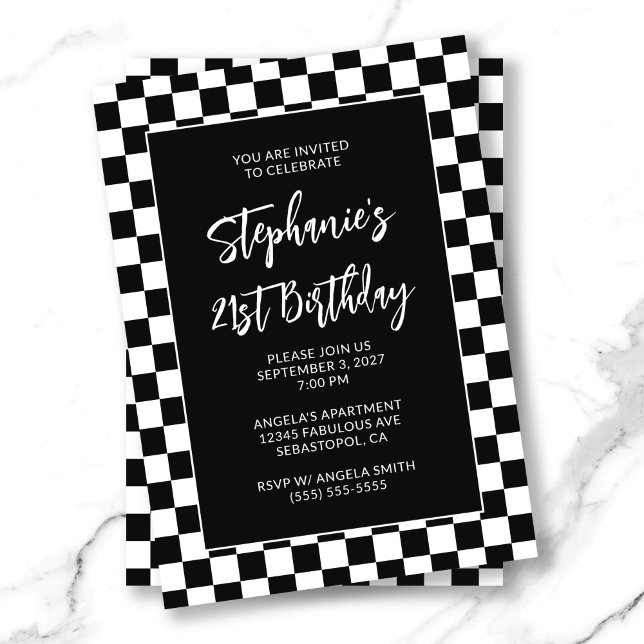 Black and White Checkered Bold 21st Birthday Invitation (Black and White Checkered Bold 21st Birthday Invitation)