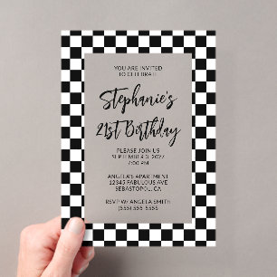 Black and White Checkered Border 21st Birthday Acrylic Invitations