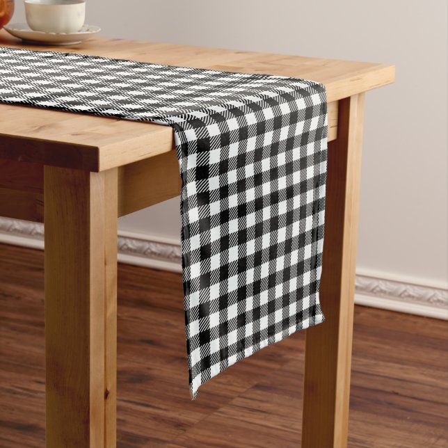 Black And White Checkered Buffalo Plaid Long Table Runner (In Situ)