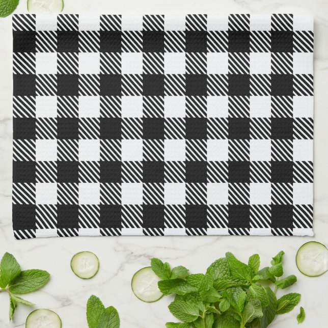 Black and White Checkered Buffalo Plaid Pattern  Kitchen Towel (Folded)