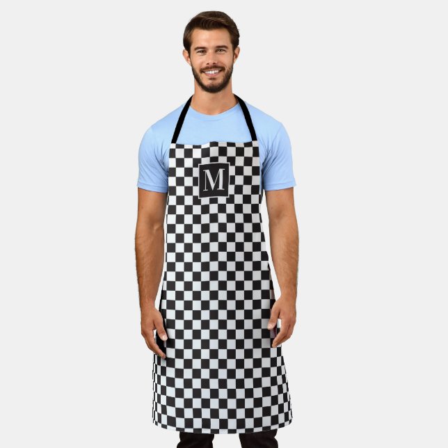 Black And White Checkered Checkerboard Monogram Apron (Worn)