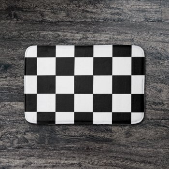 Black And White Checkered Checkerboard Pattern Bathroom Mat by machomedesigns at Zazzle