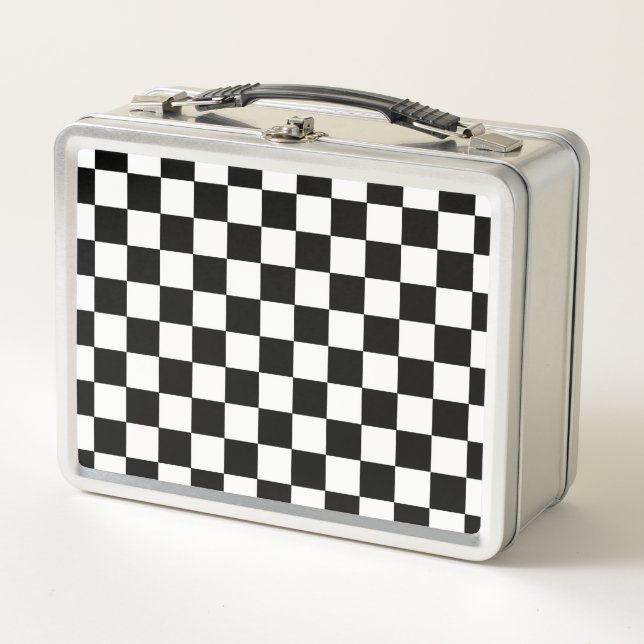 Black And White Checkered Checkerboard Pattern Metal Lunch Box (Front)