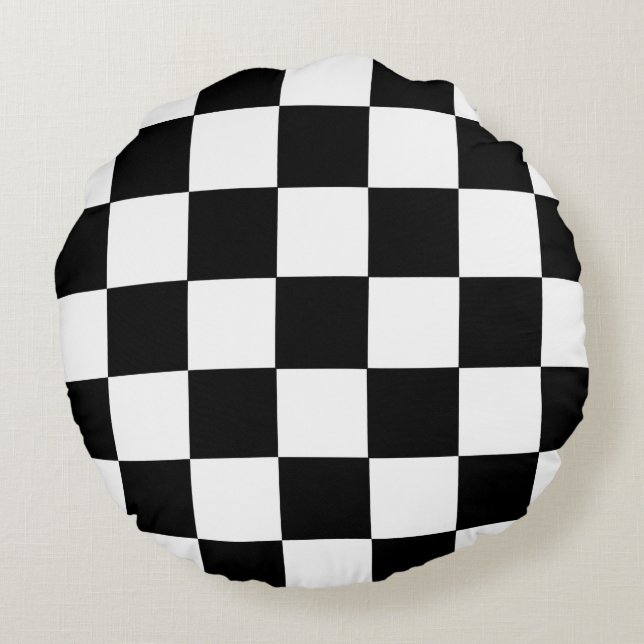 Black And White Checkered Checkerboard Pattern Round Pillow (Back)