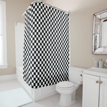 Black And White Checkered Checkerboard Pattern Shower Curtain by machomedesigns at Zazzle