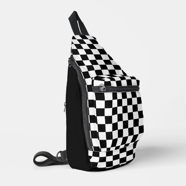 Black and White Checkered Chess Pattern Sling Bag (Left Corner)
