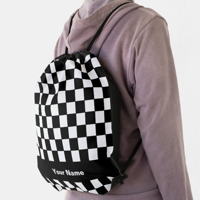 Black and White Checkered Design Personalized Name Drawstring Bag (Insitu)