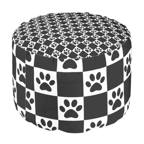 Black and White Checkered Dog Paw Pattern Pouf