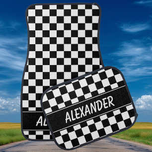 Black and White Checkered Flag Name Car Floor Mat