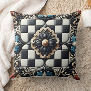 Black and White Checkered Floral Medallion Throw P Pillow