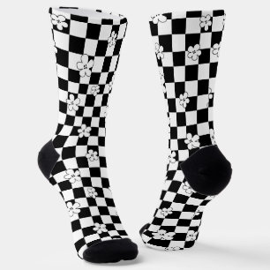 Black and white checkered floral pattern socks