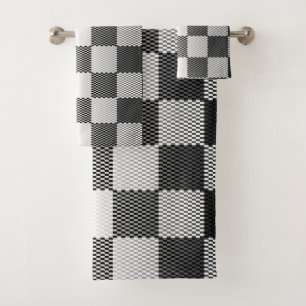 Black and White Checkered Geometric Bath Towel Set