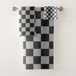 Black and White Checkered Geometric Bath Towel Set