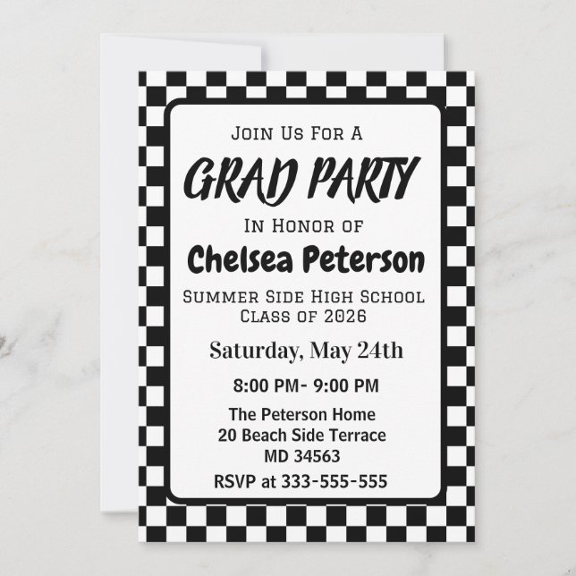 Black and White Checkered Graduation Party Invite (Front)