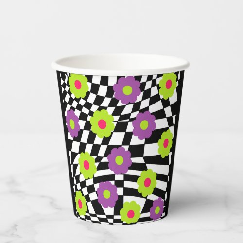 Black and White Checkered Party Cups With Flowers