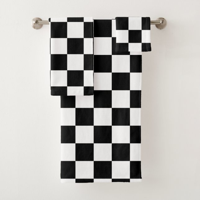 Black and White Checkered Pattern Bath Towel Set (Insitu)