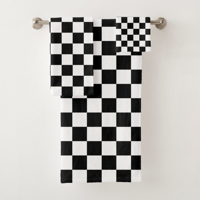 Black and White Checkered Pattern Bath Towel Set (Insitu)