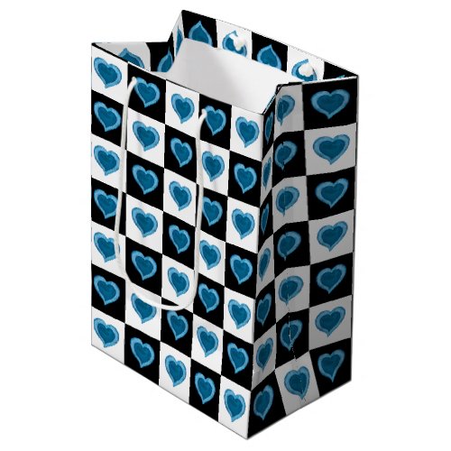 Black and white checkered pattern blue hearts   medium gift bag