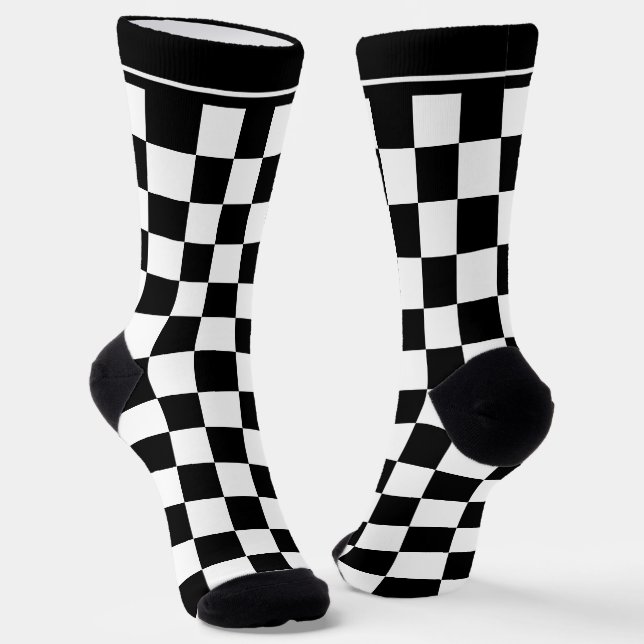 Black and White Checkered Pattern Crew Socks (Angled)