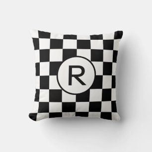 Black and White Checkered Pattern, Custom Monogram Throw Pillow