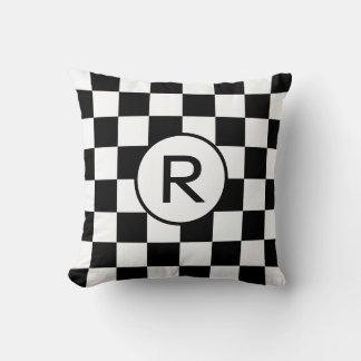 Black and White Checkered Pattern, Custom Monogram Throw Pillow