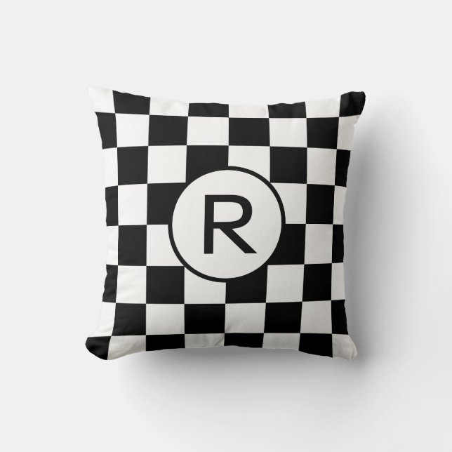Black and White Checkered Pattern, Custom Monogram Throw Pillow (Front)