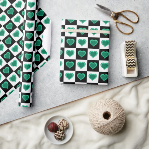 Black and white checkered pattern green hearts  wrapping paper