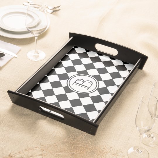 Black and White Checkered Pattern Monogram Serving Tray